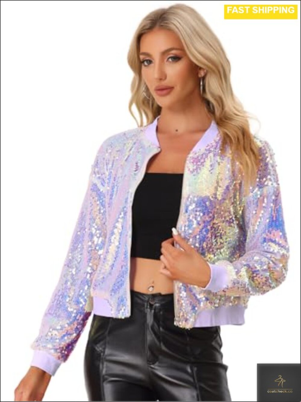 Sequin Bomber Jacket Long Sleeve Full Zip Party Sparkly Glam
